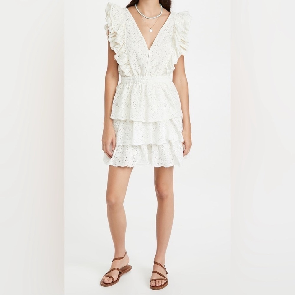 LOVE THE LABEL Med Romantic Feminine Beachy Eyelet Ruffle Mini Plunge V Dress